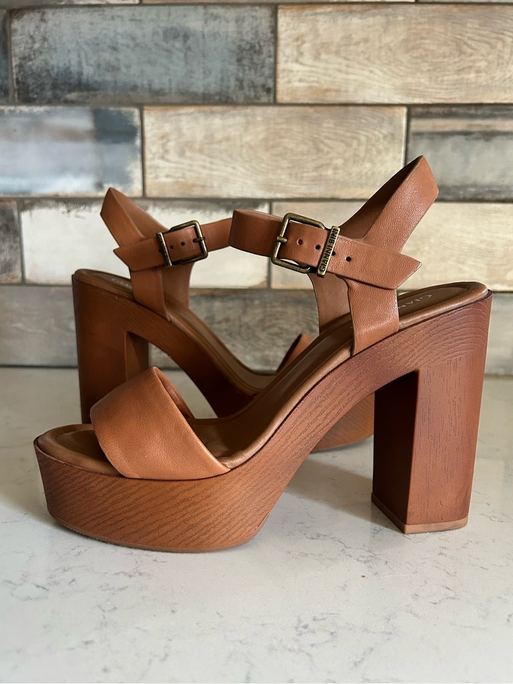 Gianni Bini Leather Platform Heel Sandals in Rich Caramel